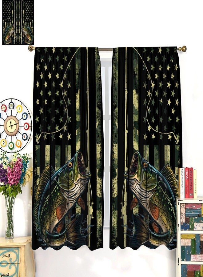 AAVEUP Country Fishing Curtains for Bedroom,Vintage Rustic Hunting Green Camo Pond Fishing Bass American Flag Patterns Window Drapes for Boys Men Living Room Country Cottage 42x45in（No Blackout） - Image 3